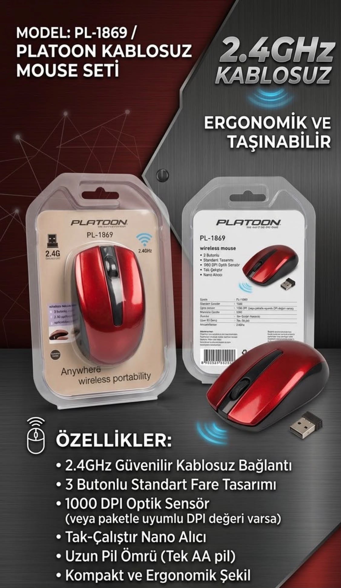 Platoon PL-1869 Kablosuz Mouse (2.4GHz Güvenilir Bağlantı & Kırmızı-Siyah) - Lisinya Platoon PL-1869 Kablosuz Mouse (2.4GHz Güvenilir Bağlantı & Kırmızı-Siyah) - Lisinya