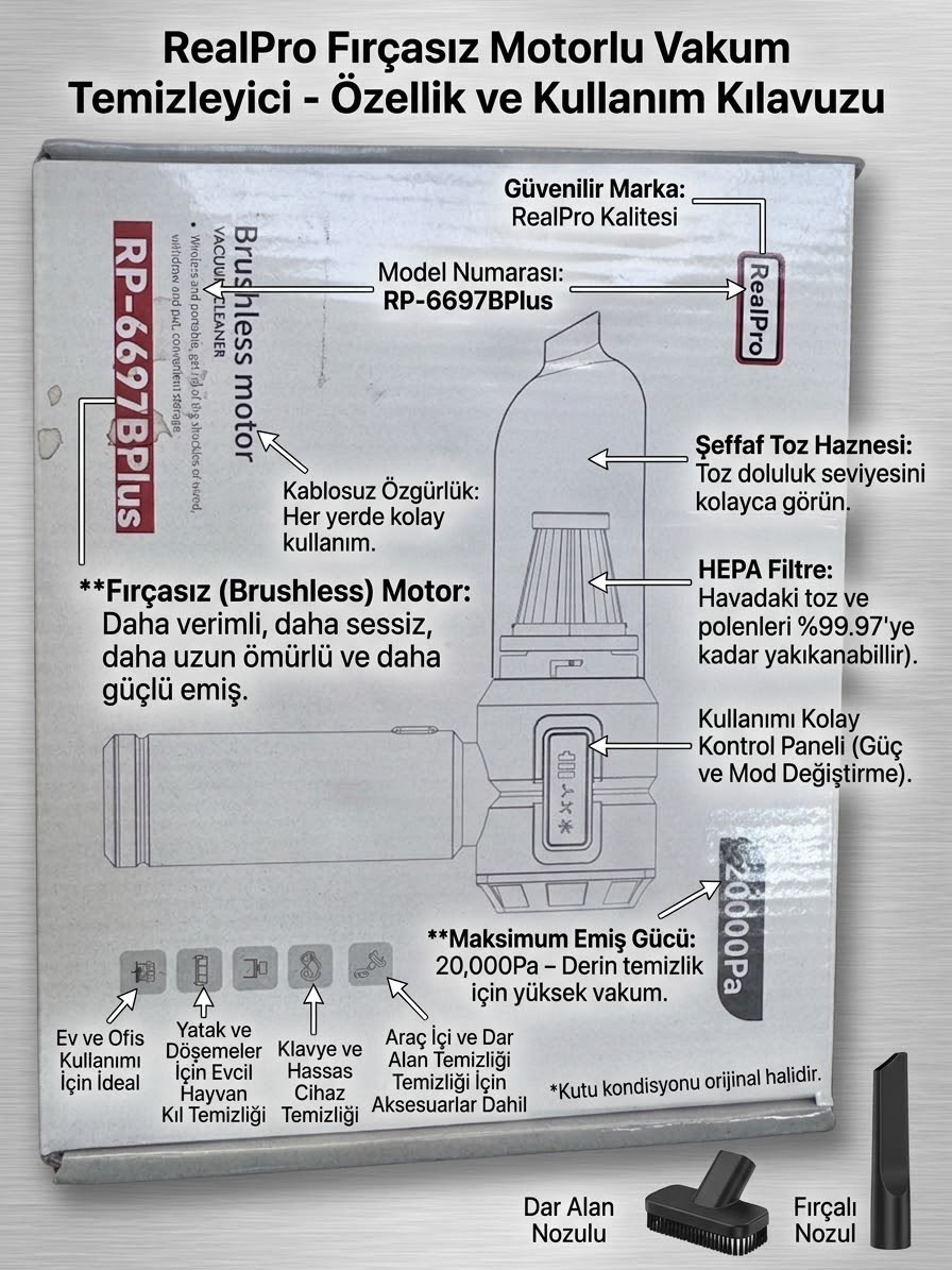 RealPro RP-6697BPlus Fırçasız Motorlu Şarjlı El Süpürgesi  - Lisinya - 987490-RST-OZD