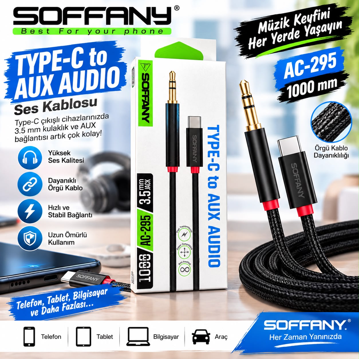 Soffany AC-295 Hasır Örgü Type-C AUX Ses Kablosu (1 Metre) - Lisinya - 987534-RST-OZD