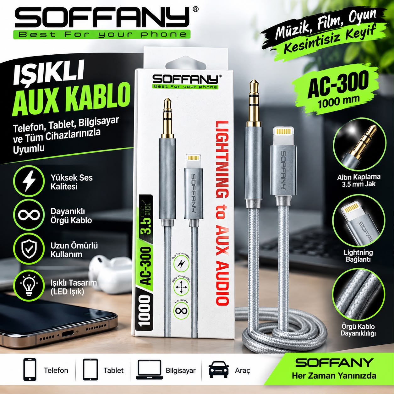 Soffany AC-300 Işıklı Hasır Örgü Lightning AUX Kablosu (1 Metre) - Lisinya - 987533-RST-OZD