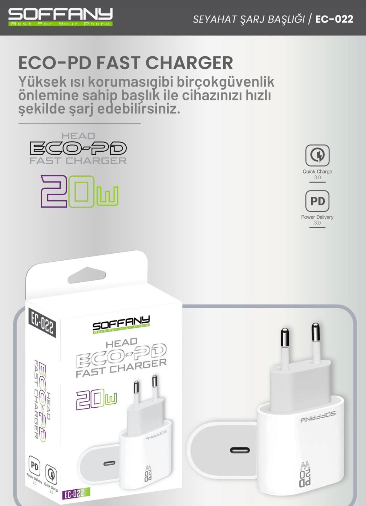 Soffany EC-022 ECO-PD 20W Süper Hızlı Şarj Adaptörü - Lisinya - 987464-RST-OZD