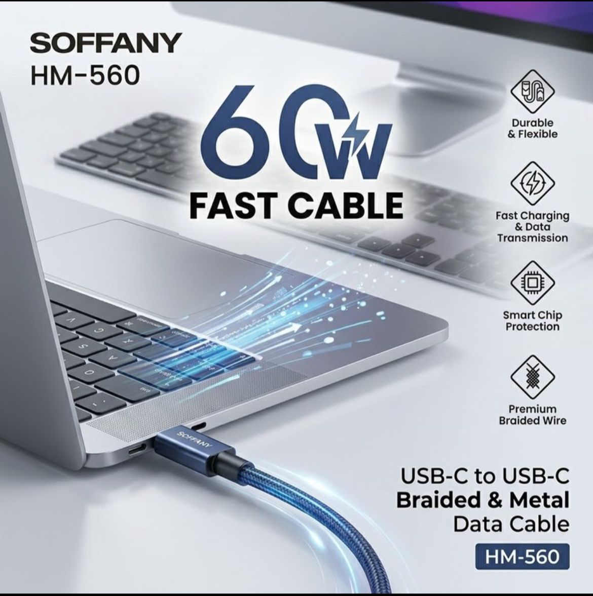 Soffany HM-560 60W Fast USB-C to USB-C Örgülü Şarj Kablosu - Lisinya - 987451-RST-OZD
