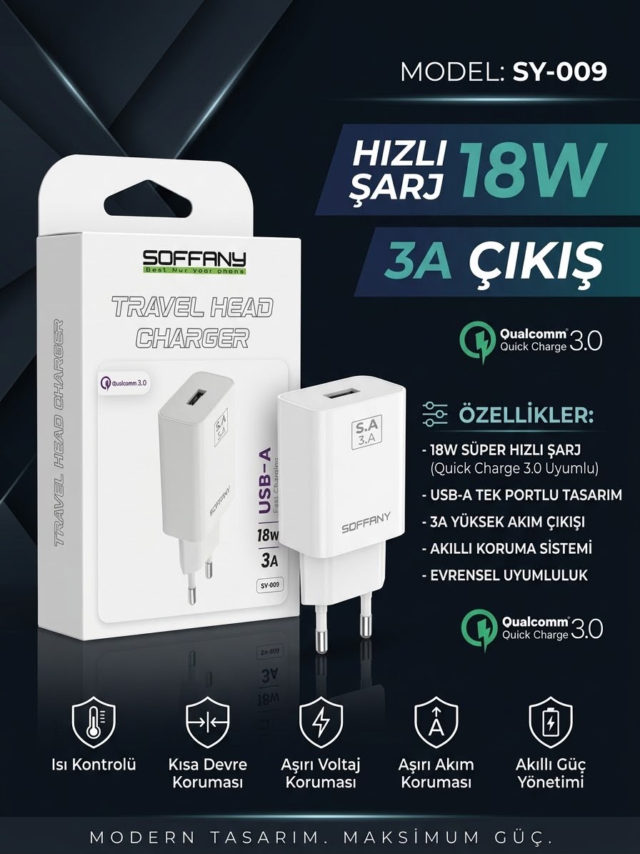 Soffany SY-009 18W Qualcomm 3.0 Hızlı Şarj Adaptörü (3A Çıkış) - Lisinya - 987455-RST-OZD