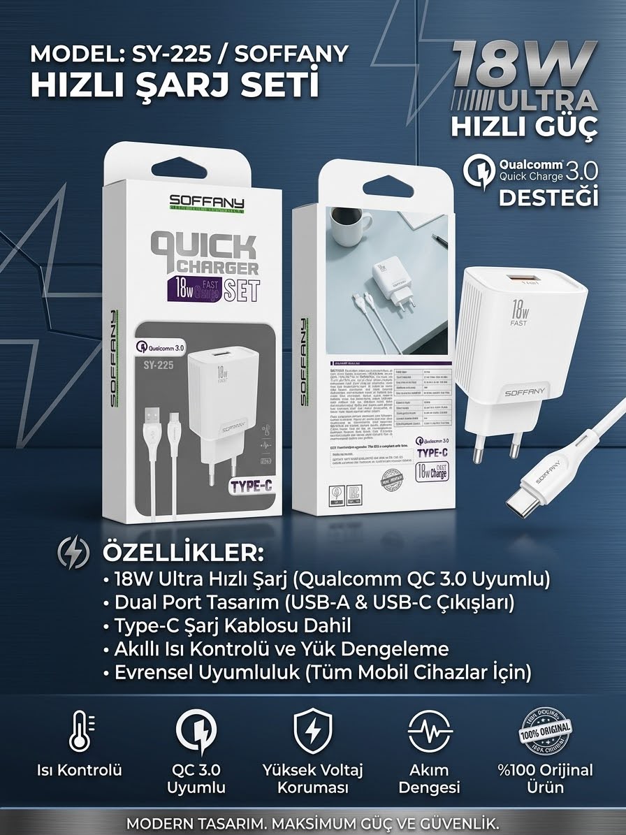 Soffany SY-225 18W Çift Çıkışlı Hızlı Şarj Adaptörü + Type-C Kablolu Şarj Seti - Lisinya - 987456-RST-OZD