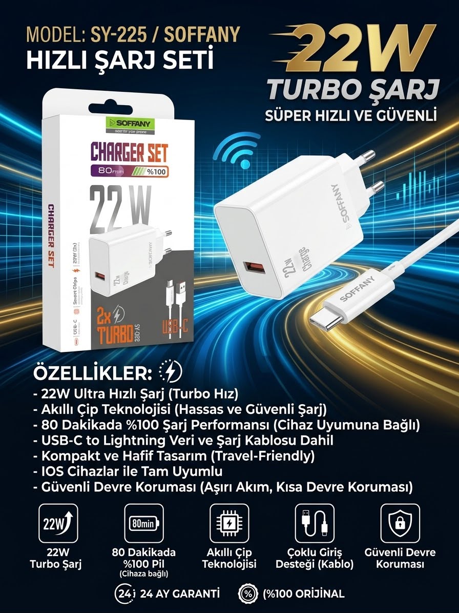Soffany SY-225 22W Süper Hızlı Turbo Şarj Adaptörü - Lisinya - 987463-RST-OZD
