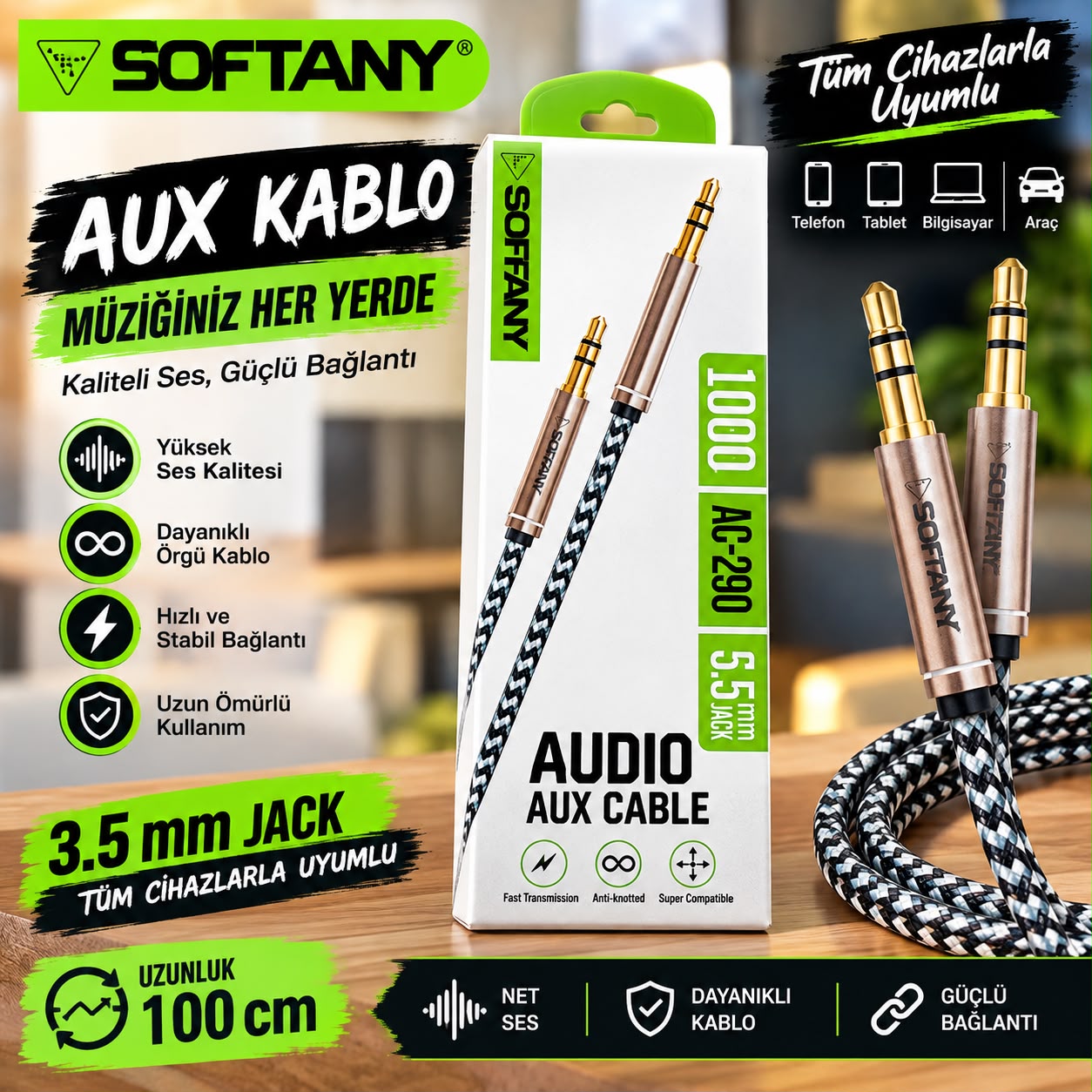 Softany AC-290 Hasır Örgü 3.5 mm AUX Kablosu (1 Metre) - Lisinya - 987532-RST-OZD