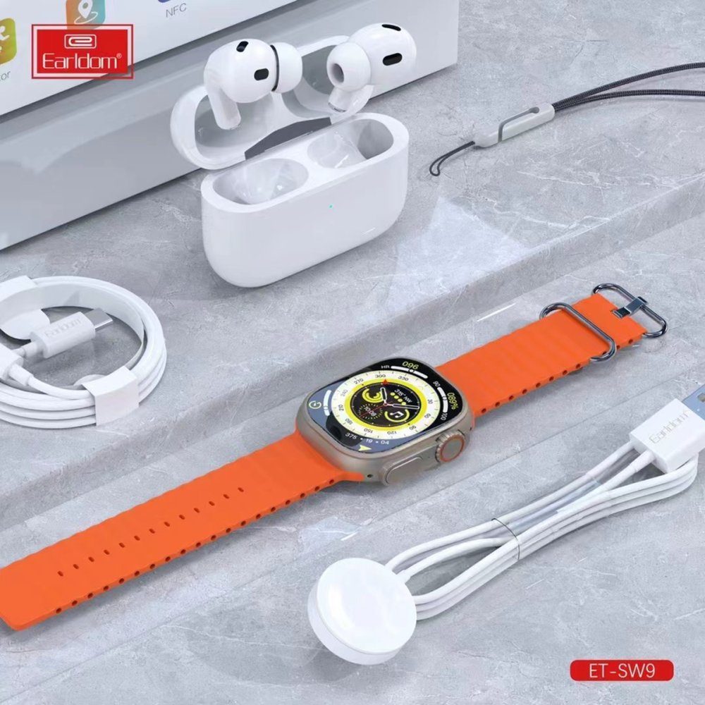 Earldom Sw9 Akıllı Saat Ve Airpods Kulaklık Set - Ürün Rengi : Turuncu - Lisinya