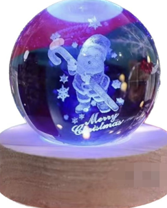 Dekoratif Noel Tasarımlı Ahşap Altlıklı Işıklı Cam Küre Büyük Boy8cm