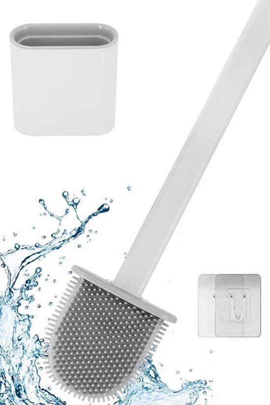 Duvara Monte Edilebilir Kapaklı Askılı Klozet Yumuşak Silikon Başlıklı Tuvalet Fırçası Seti (4172)
