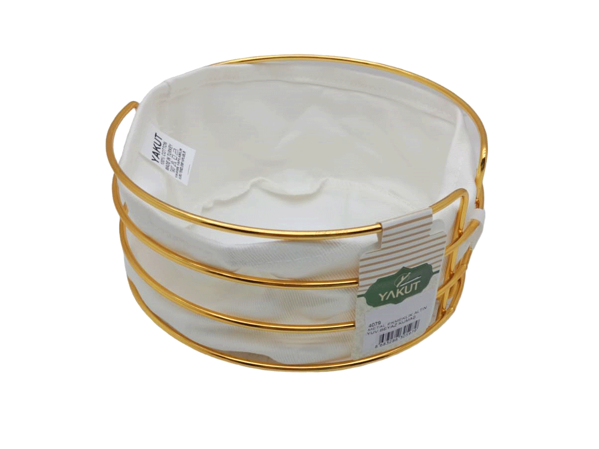 Altın - Yuvarlak Beyaz Kumaş Metal Ekmek Sepeti (4172)