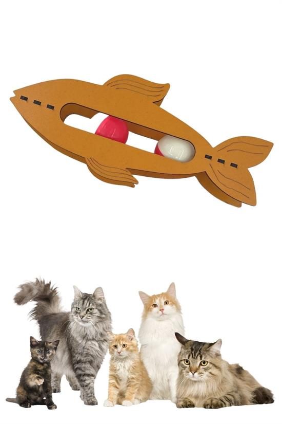 Kediler İçin Ahşap 2 Toplu Eğimli  Sevimli Balık Şeklinde Eğitim Amaçlı Oyuncak (4172)