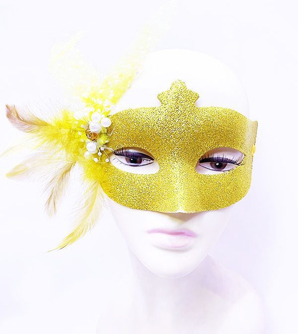Sim İşlemeli İnci Boncuk Detaylı Tüylü Balo Maskesi Altın Renk 13x18 Cm (4172)