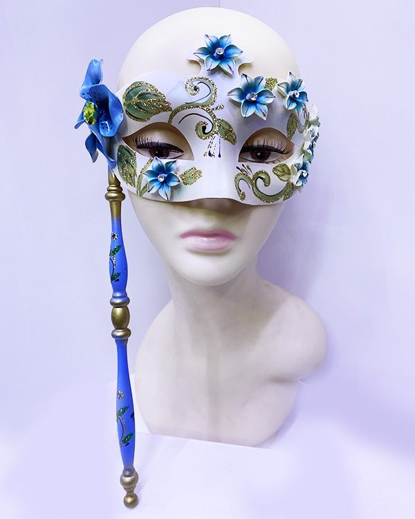 Mavi Renk Çiçek İşlemeli Tutmalı Venedik Göz Maskesi 33x17 Cm (4172)
