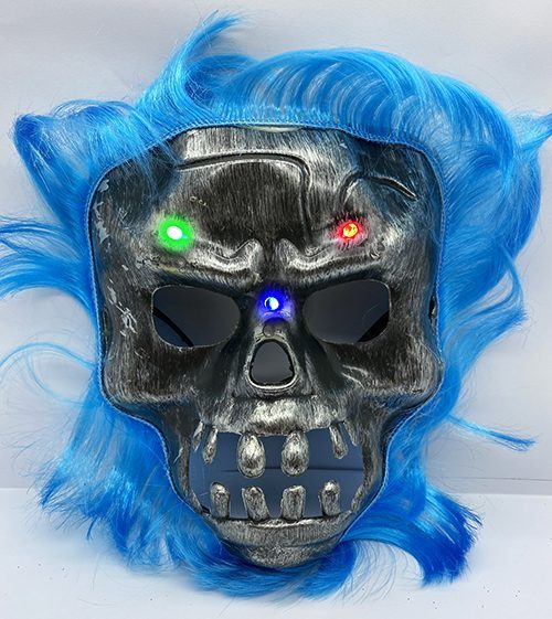 Mavi Saçlı Led Işıklı Kuru Kafa İskelet Korku Maskesi 22x25 Cm (4172)
