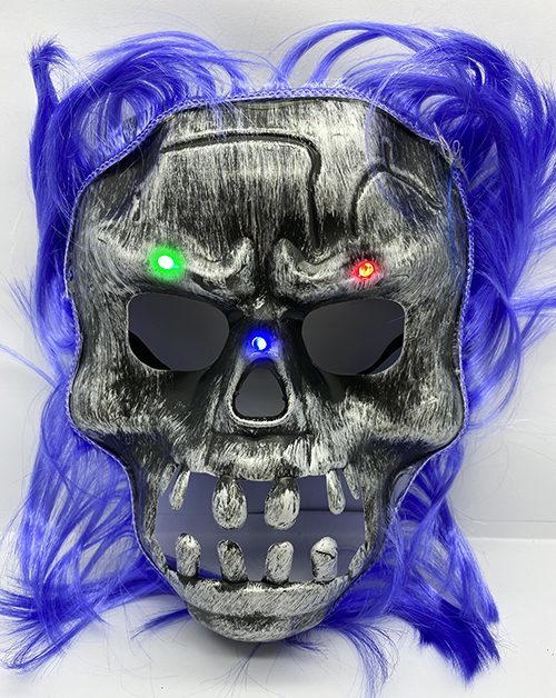 Mor Saçlı Led Işıklı Kuru Kafa İskelet Korku Maskesi 22x25 Cm (4172)
