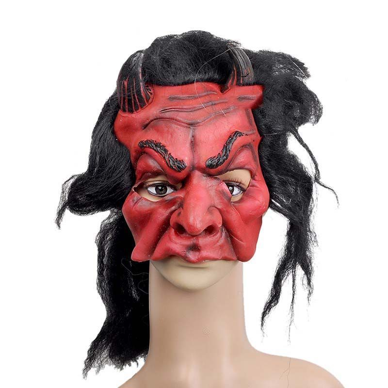 Lateks Korku Maskesi Şeytan Boynuzlu Kırmızı Maske Saçlı (4172)