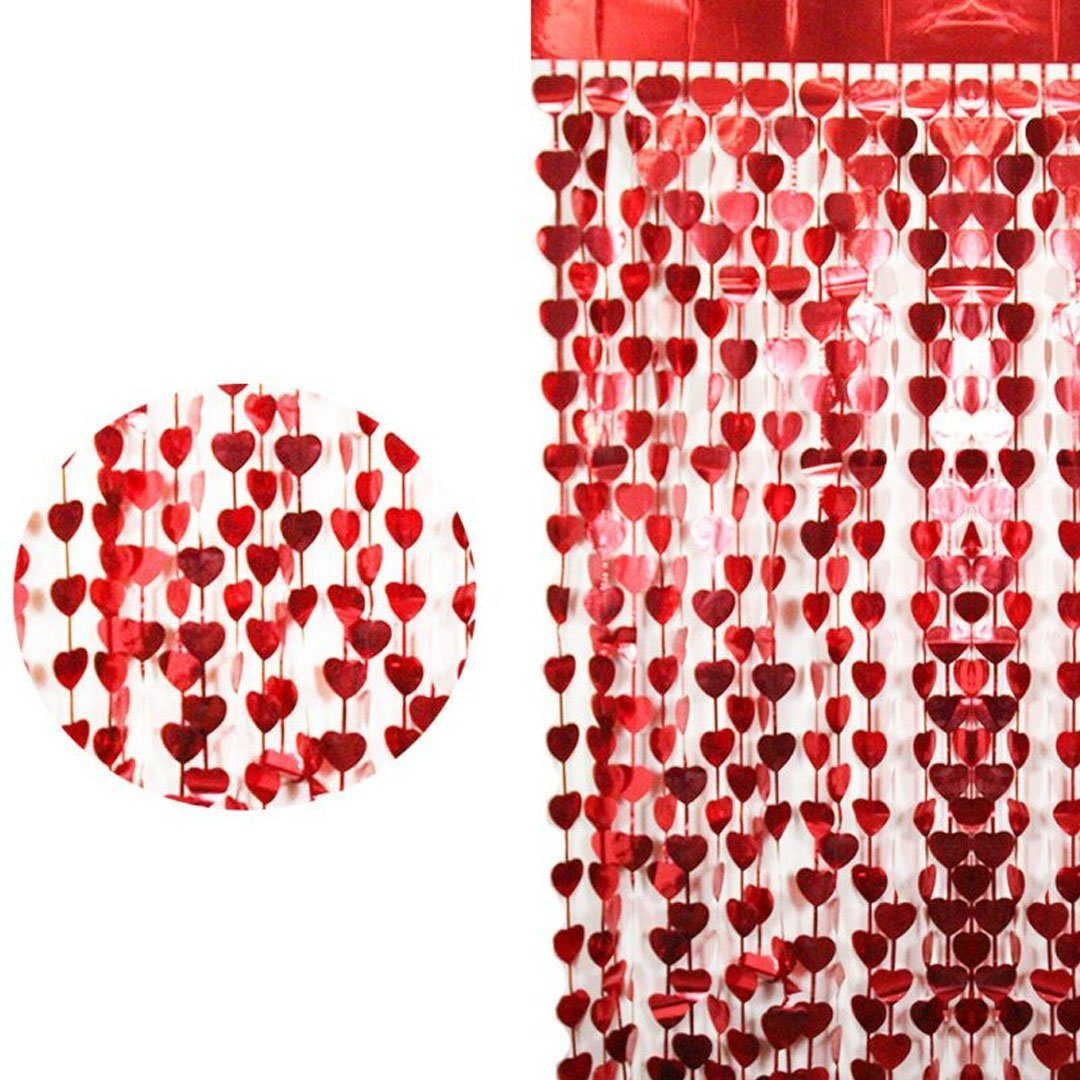 Kırmızı Renk Kalp Şekilli Metalize Saçaklı Arka Fon Perde Dekorasyon (4172)
