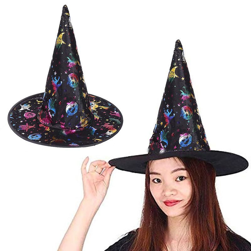 Cadı Şapkası Siyah Üzeri Rengarenk Balkabağı Cadı Figür Baskılı 38x34 Cm (4172)