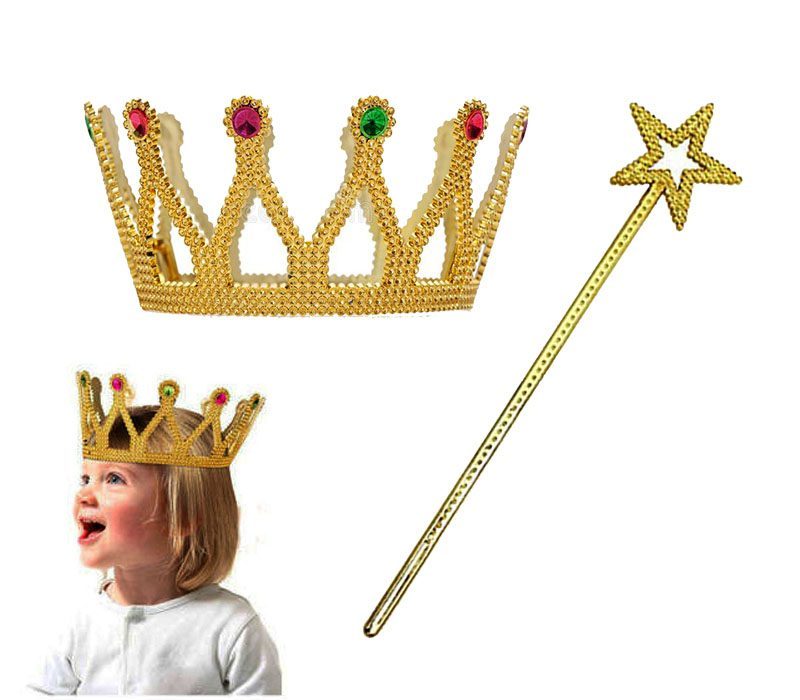 Çocuk Boy Kraliçe Prenses Tacı Ve Yıldız Peri Asası Altın Renk (4172)