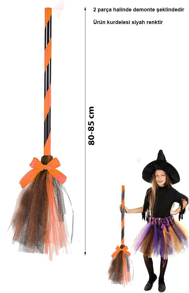Turuncu Cadı Süpürgesi - Halloween Siyah Fiyonklu Tüllü Cadı Süpürgesi 80-85 Cm (4172)