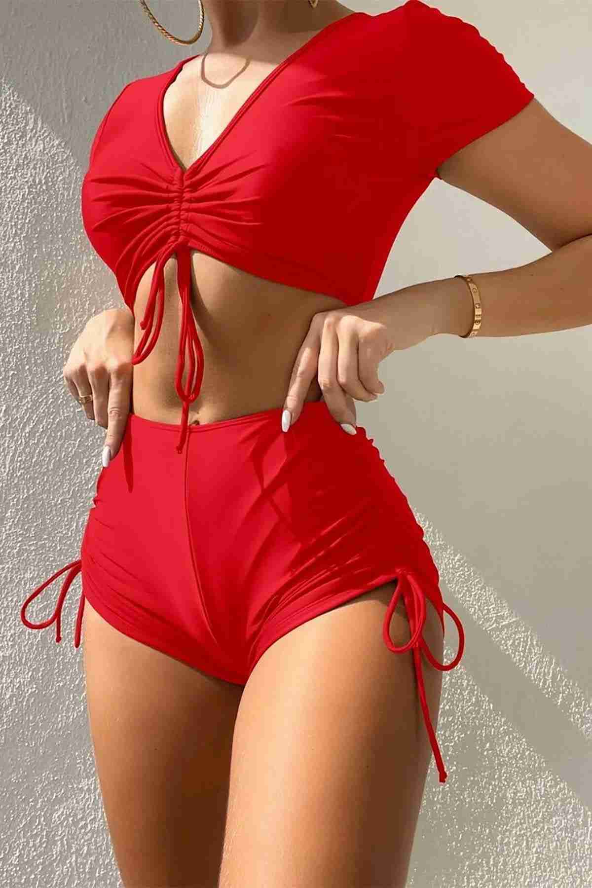 Özel tasarım Yarım Kol Büzgü Detaylı Bikini Takım Kırmızı (Lisinya)