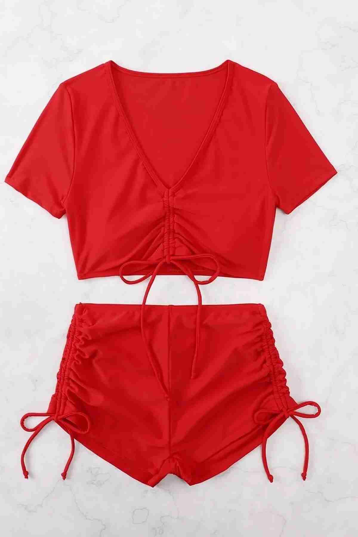 Özel tasarım Yarım Kol Büzgü Detaylı Bikini Takım Kırmızı (Lisinya)