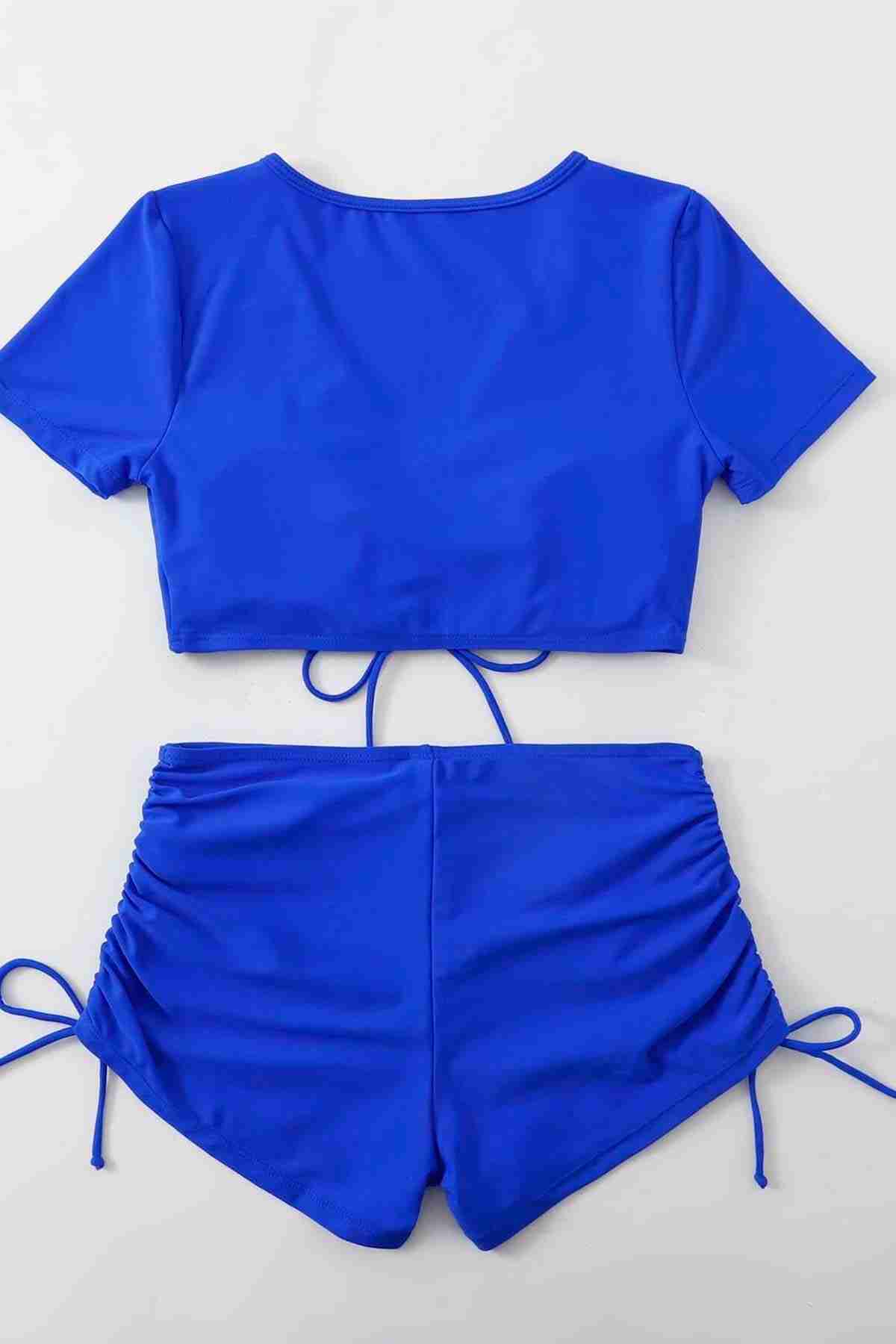Özel tasarım Yarım Kol Büzgü Detaylı Bikini Takım Mavi (Lisinya)