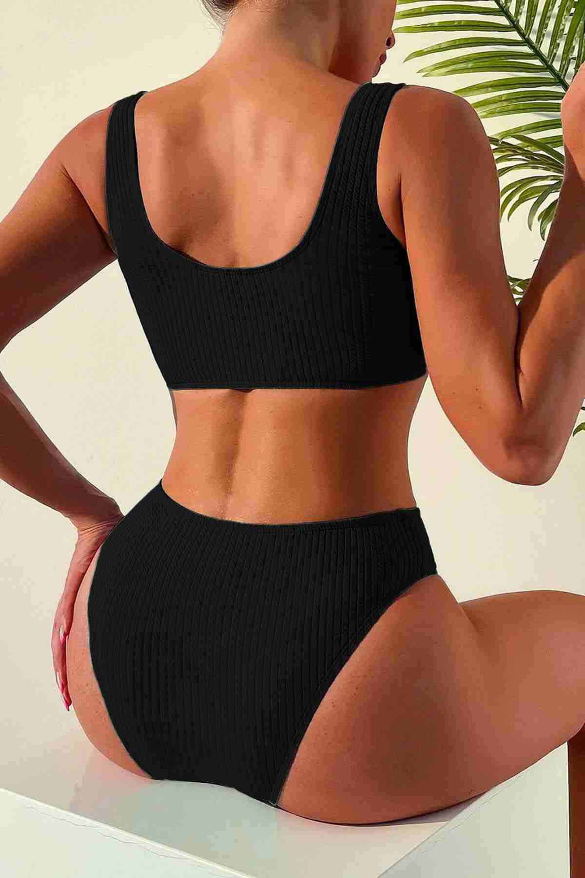 Özel Fitilli Kumaş Yüksek Bel Tankini Bikini Takım Siyah (Lisinya)