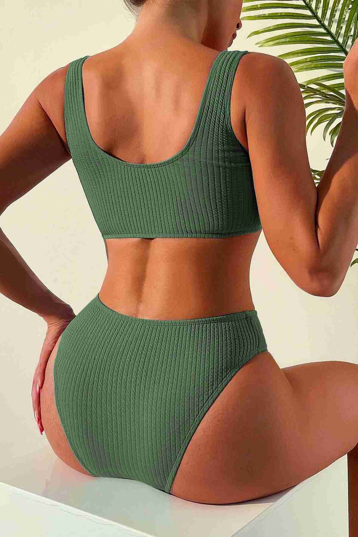 Özel Fitilli Kumaş Yüksek Bel Tankini Bikini Takım Yeşil (Lisinya)