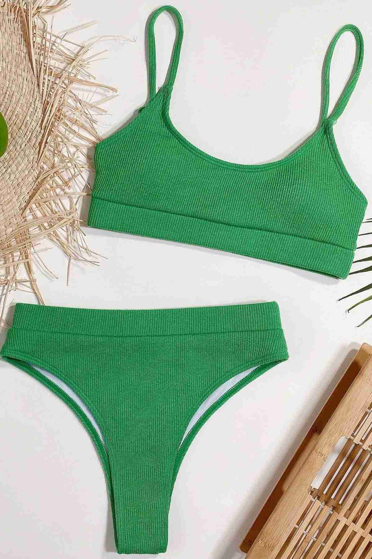 Yüksek Bel Fitilli Kumaş Tankini Bikini Takım Yeşil (Lisinya)