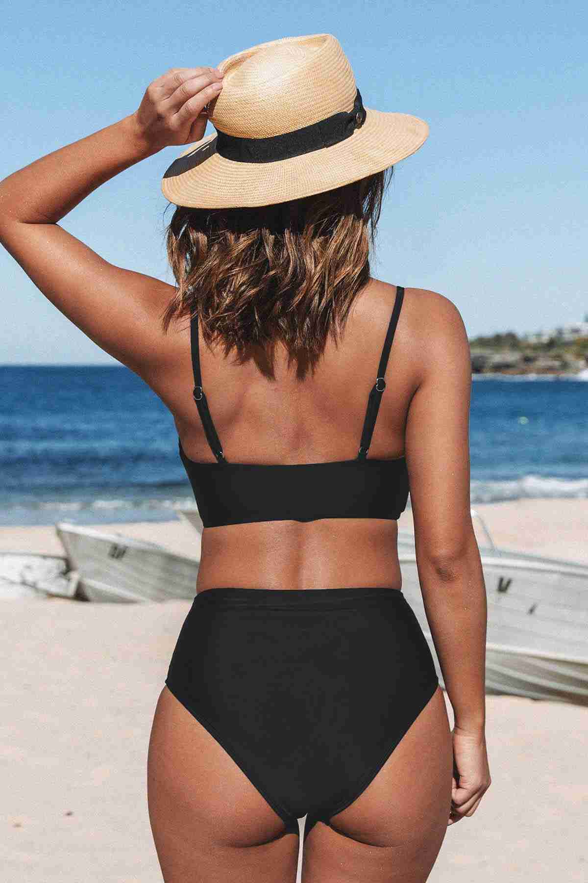Özel Tasarım Önden Çarpraz Yüksek Bel Bikini Takım Siyah (Lisinya)