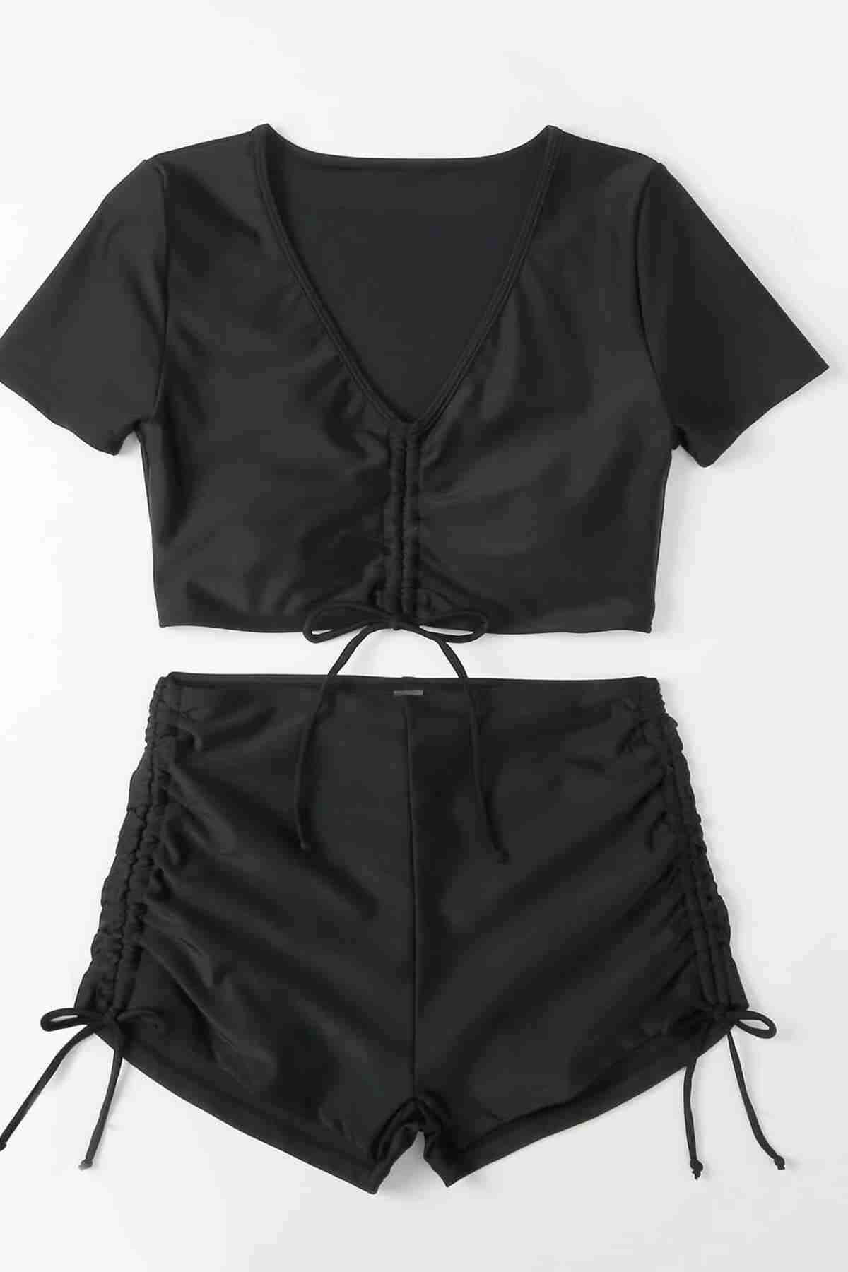 Özel tasarım Yarım Kol Büzgü Detaylı Bikini Takım Siyah (Lisinya)