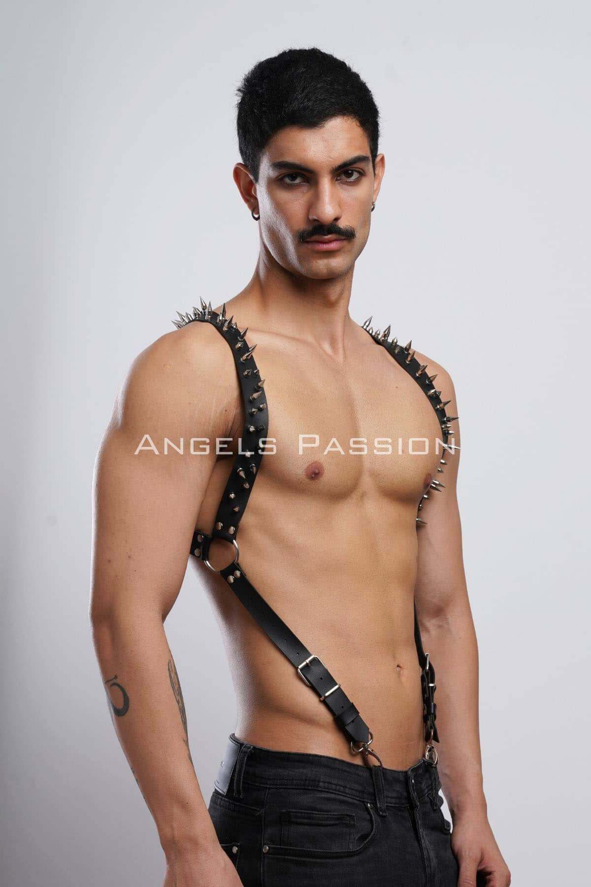 Lisinya41 Çivi Detaylı Erkek Göğüs Harness, Erkek Clubwear, Deri Erkek Harness - Ürün Rengi:Siyah