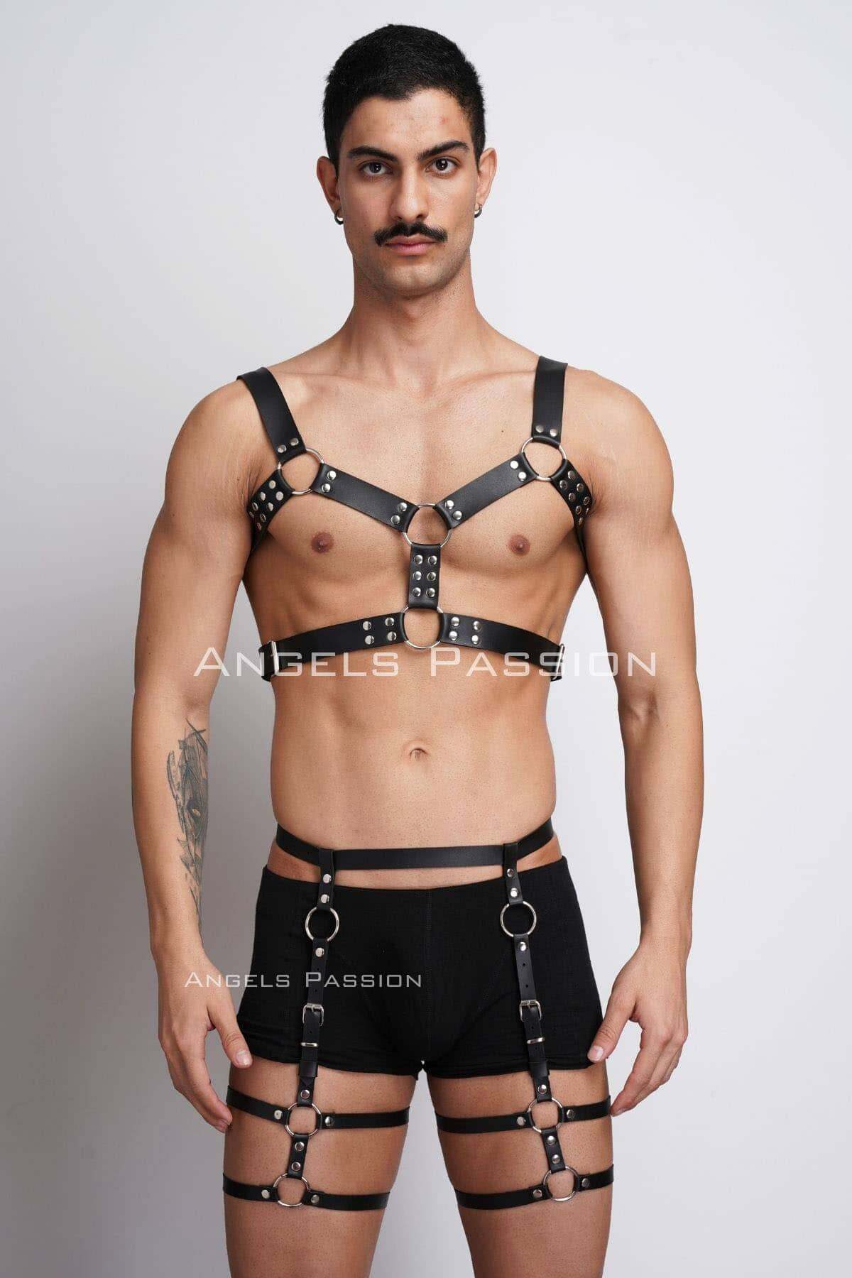 Lisinya41 Erkek Deri Göğüs Harness ve Bacak Harness Takım - Ürün Rengi:Siyah