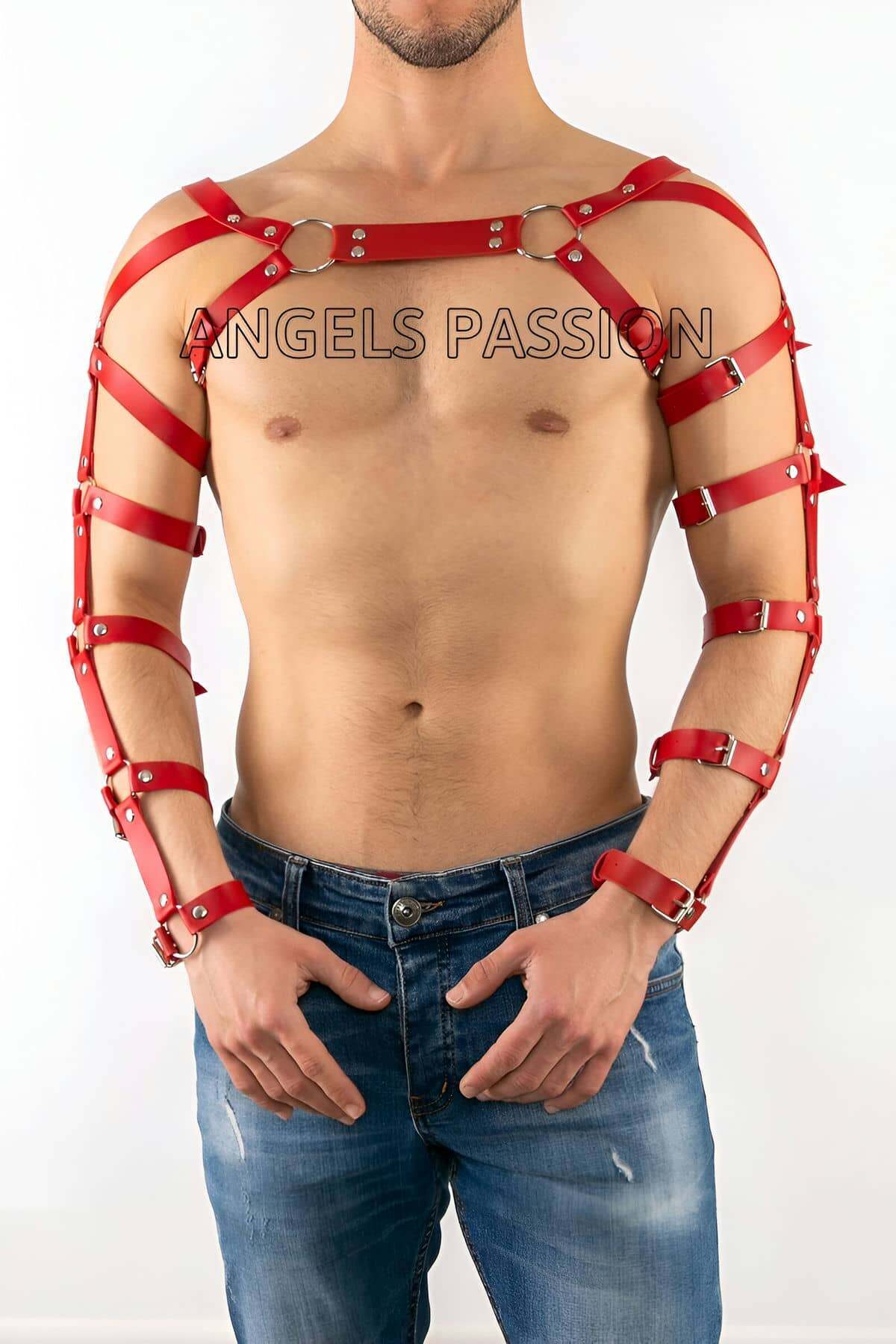 Lisinya41 Erkek Deri Kol Harness, Erkek Çift Kol Harness, Erkek Dansçı Kostüm - Ürün Rengi:Kırmızı