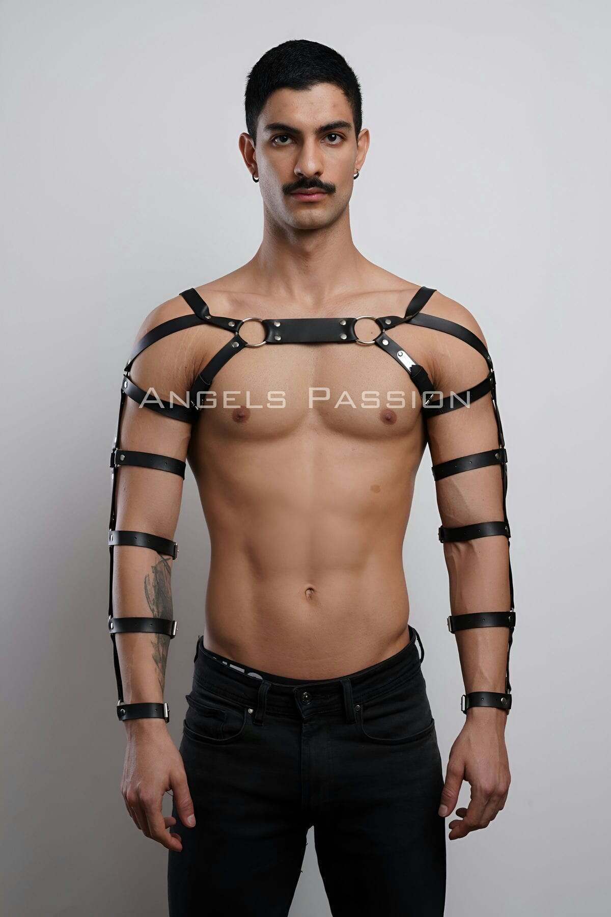 Lisinya41 Erkek Deri Kol ve Göğüs Harness, Deri Fantazi Giyim - Ürün Rengi:Siyah