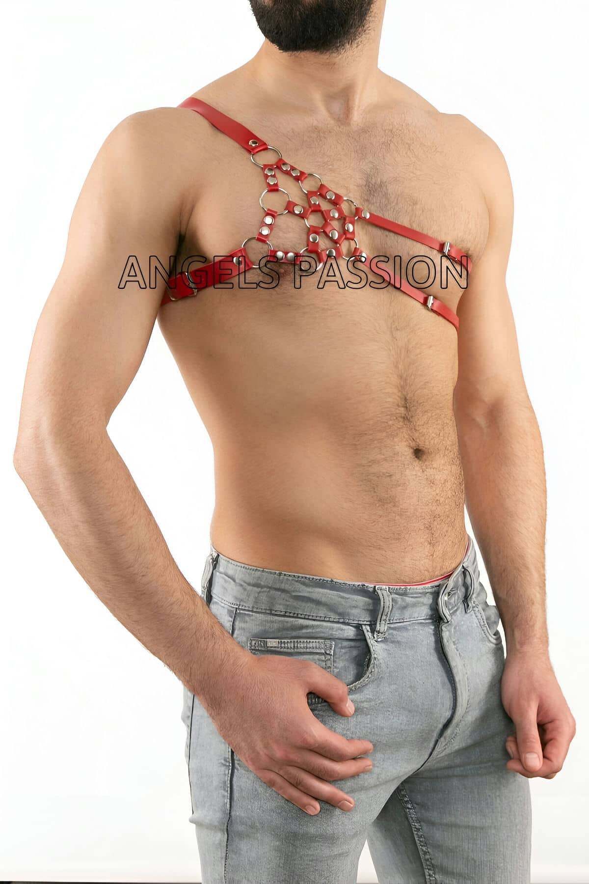 Lisinya41 Erkek Deri Omuz Harness, Tek Omuz Harness - Ürün Rengi:Kırmızı