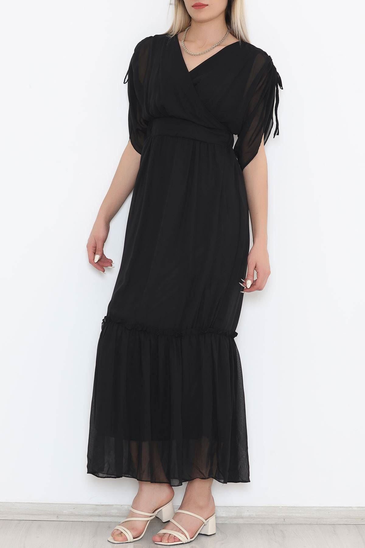 Lisinya275 Kolları Büzgülü Şifon Elbise Siyah