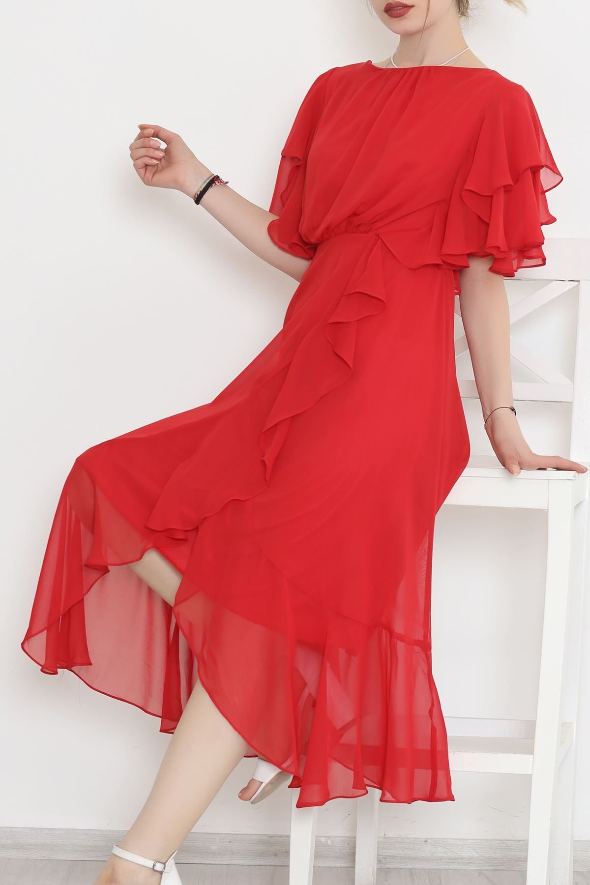 Lisinya275 Beli Lastikli Fırfırlı Elbise Kırmızı