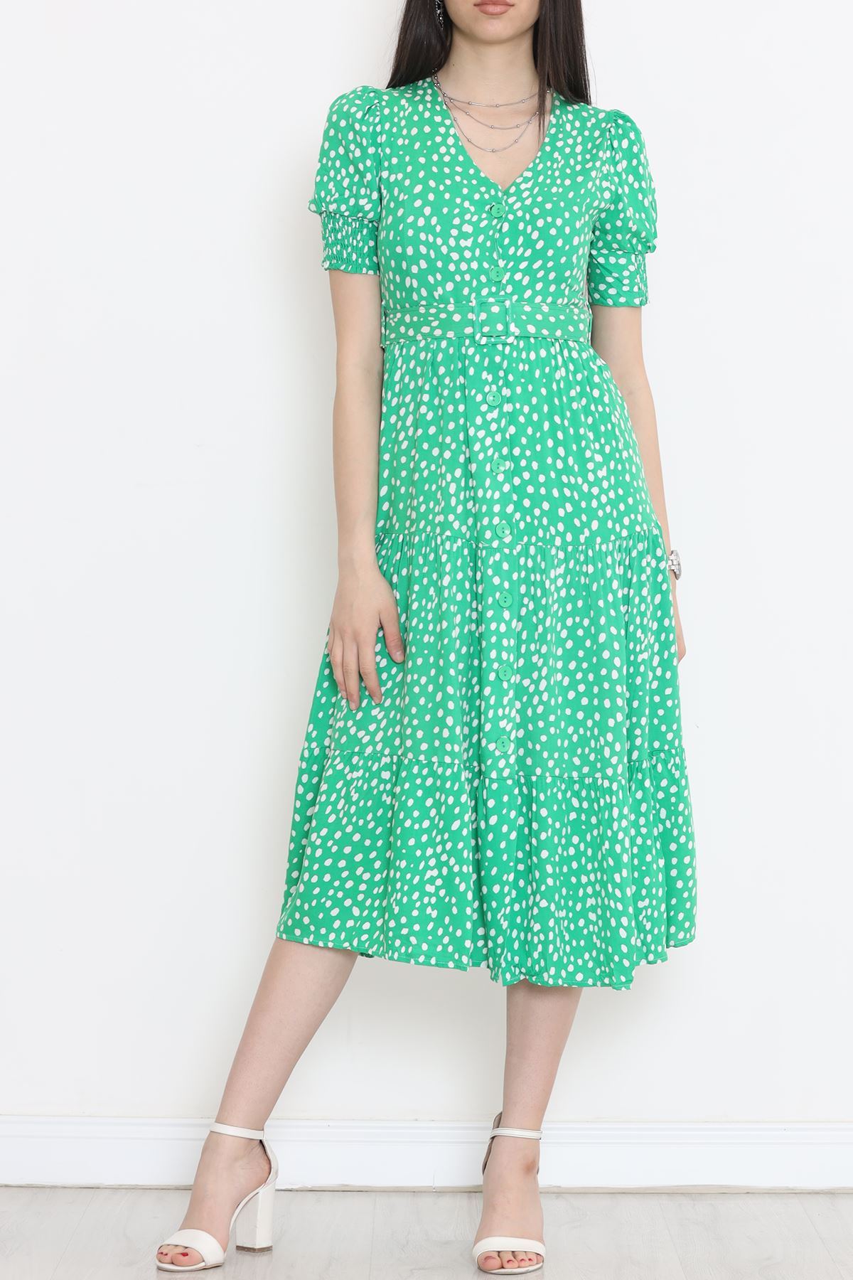 Lisinya275 Düğmeli Kemerli Elbise Yeşil