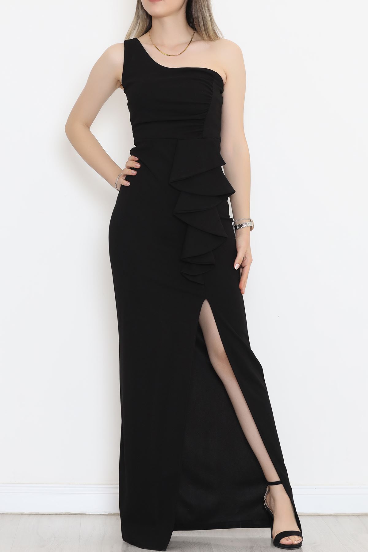 Lisinya275 Fırfır Detaylı Yırtmaçlı Uzun Abiye Elbise Siyah