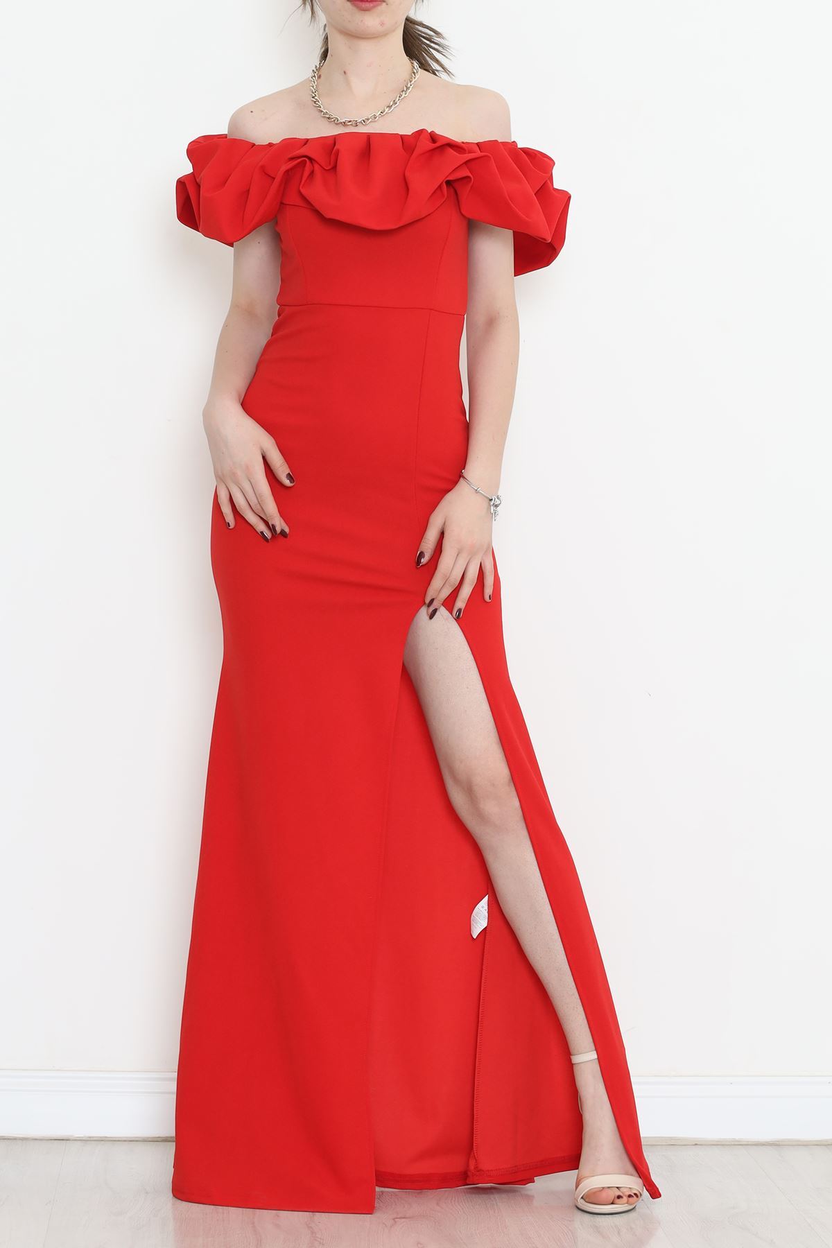 Lisinya275 Volanlı Yırtmaçlı Elbise Kırmızı