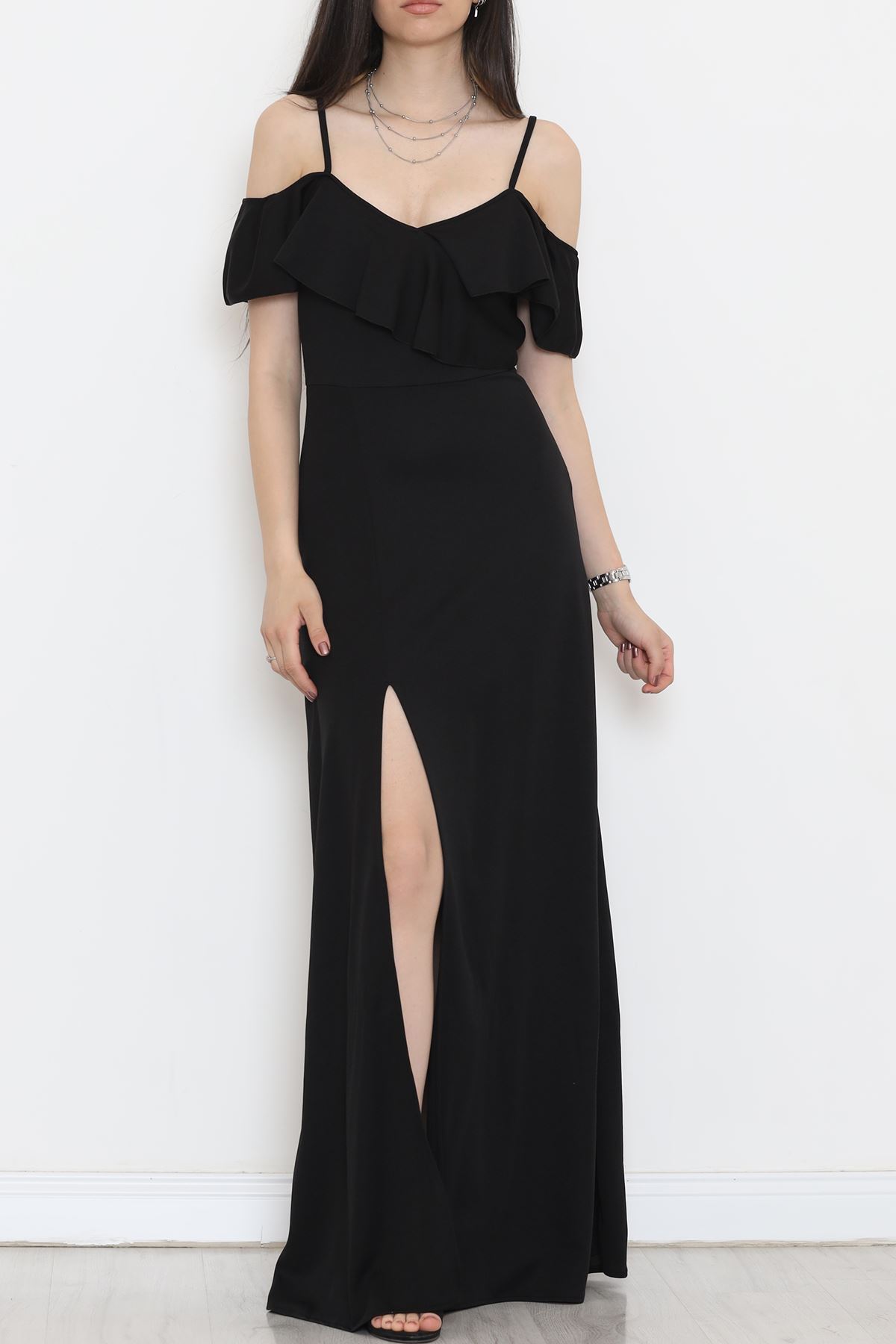 Lisinya275 V Yaka Fırfırlı Elbise Siyah