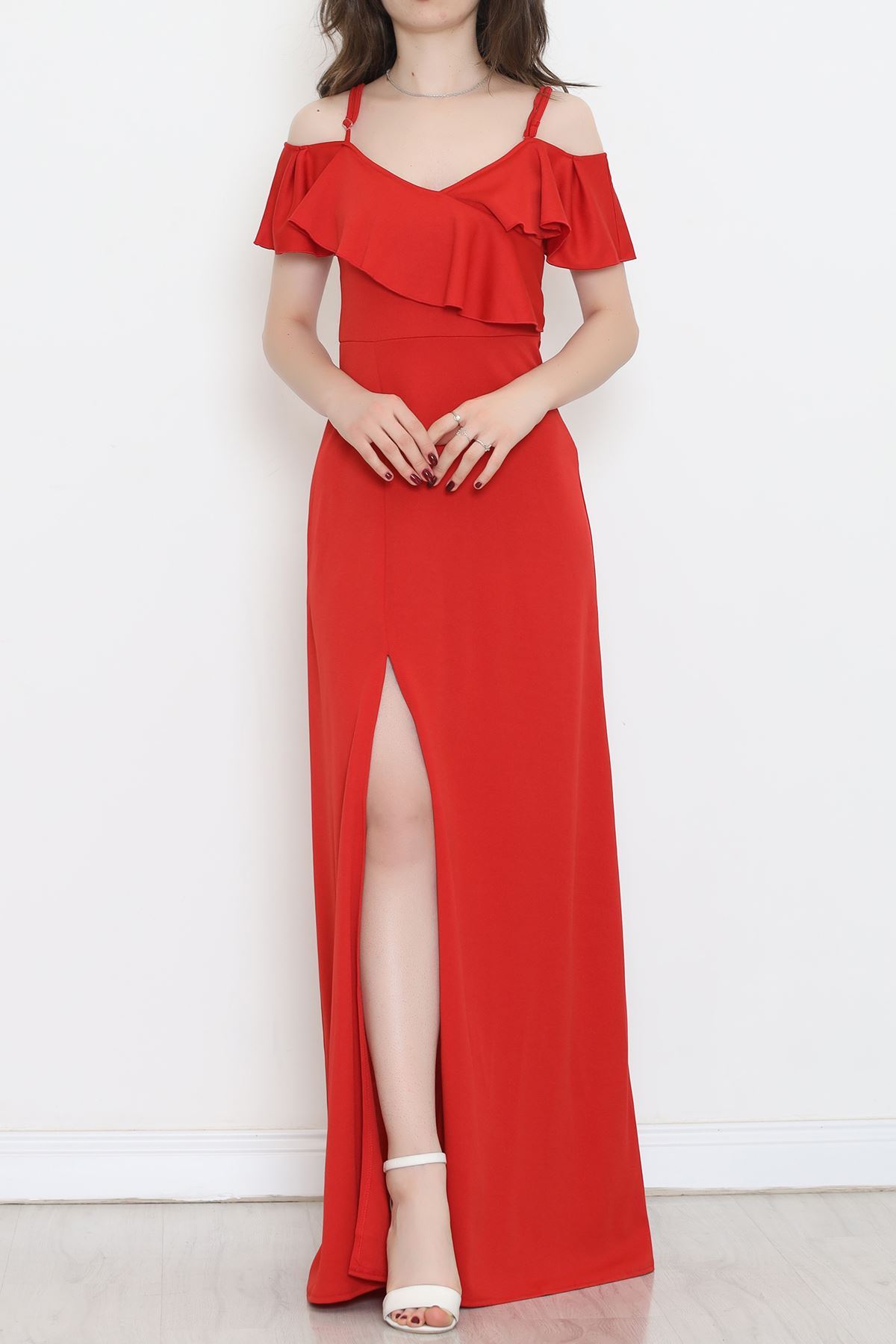Lisinya275 V Yaka Fırfırlı Elbise Kırmızı