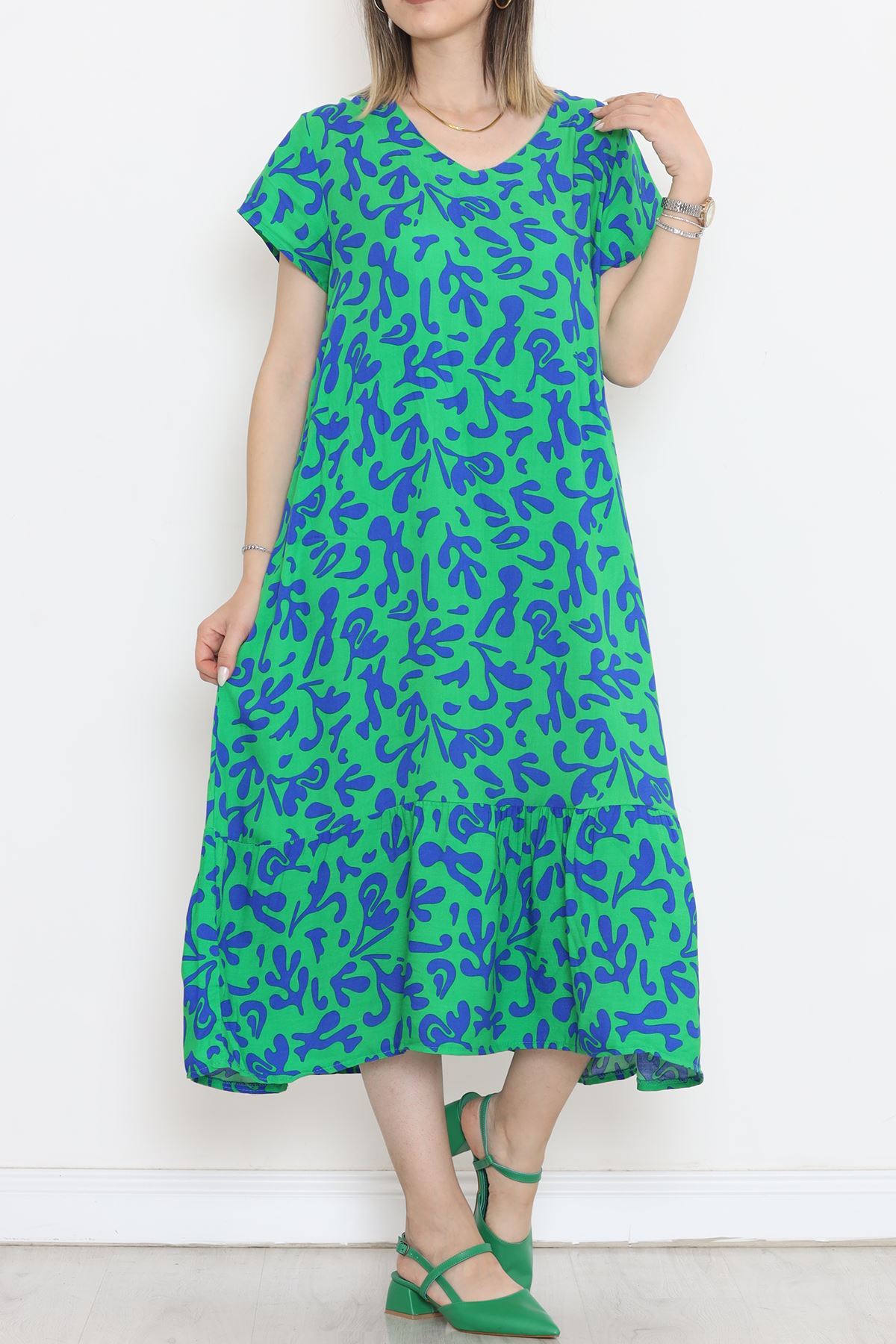 Lisinya275 V Yaka Desenli Elbise Yeşilmavi