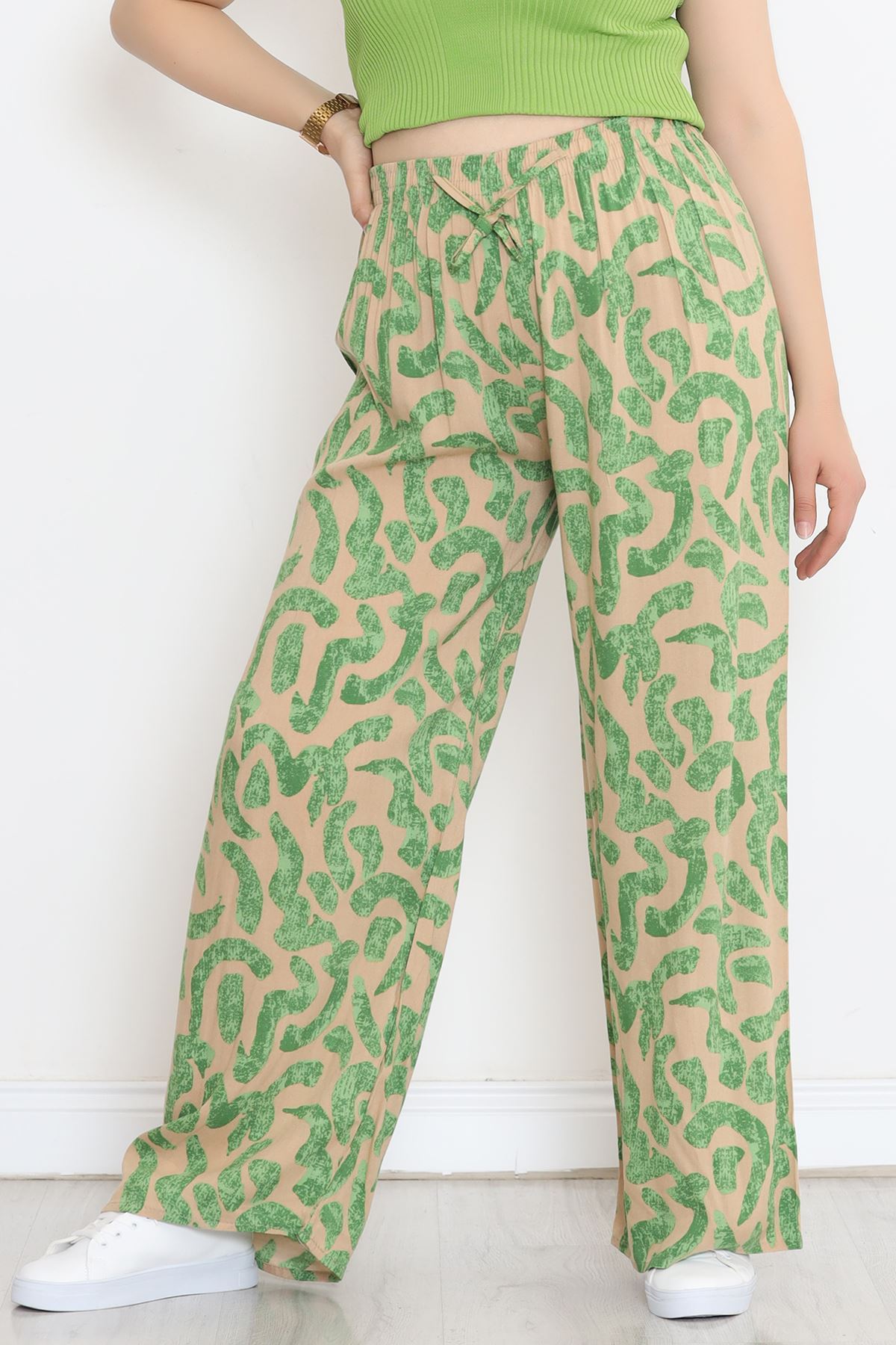 Lisinya275 Büyük Beden Desenli Pantolon Yeşilbej