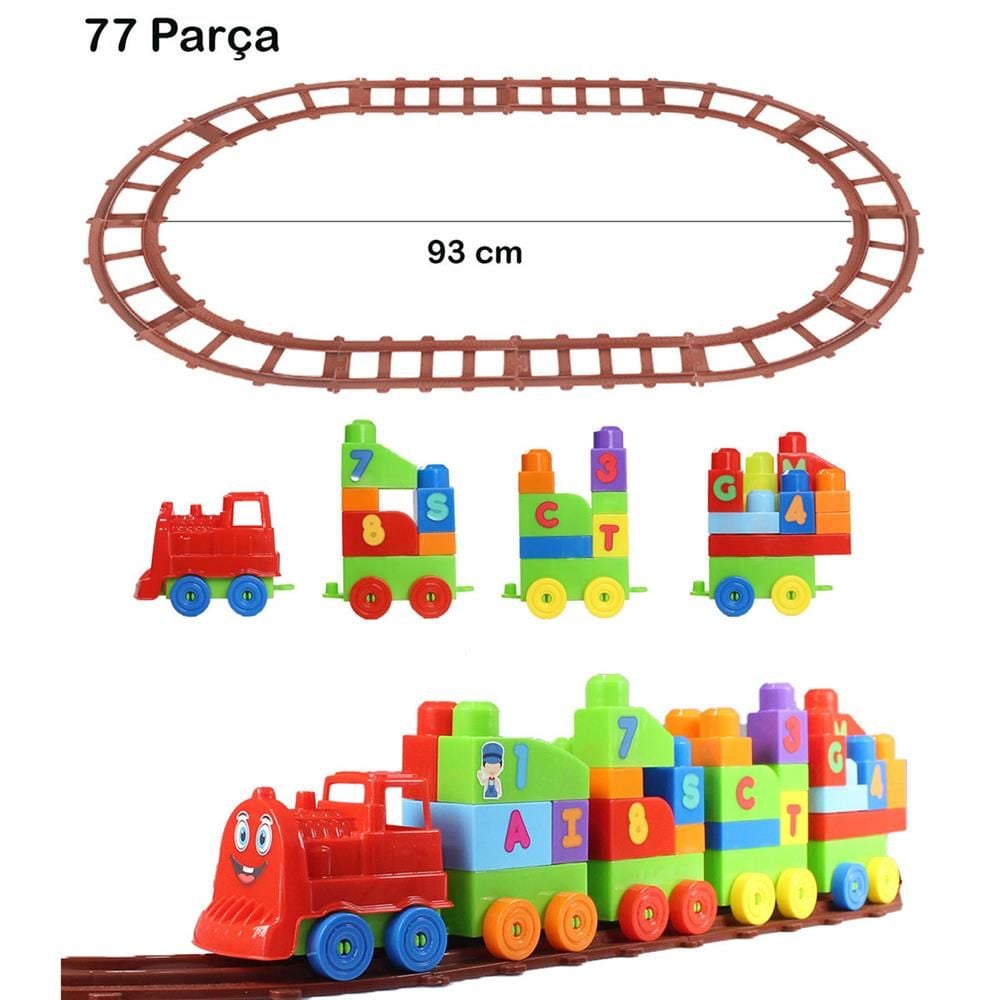 Lisinya193 Play Blox Oyuncak Tren Seti 77 Parça Sayılar ve Alfabe Treni Parlak Renkler Mega Blok Seti