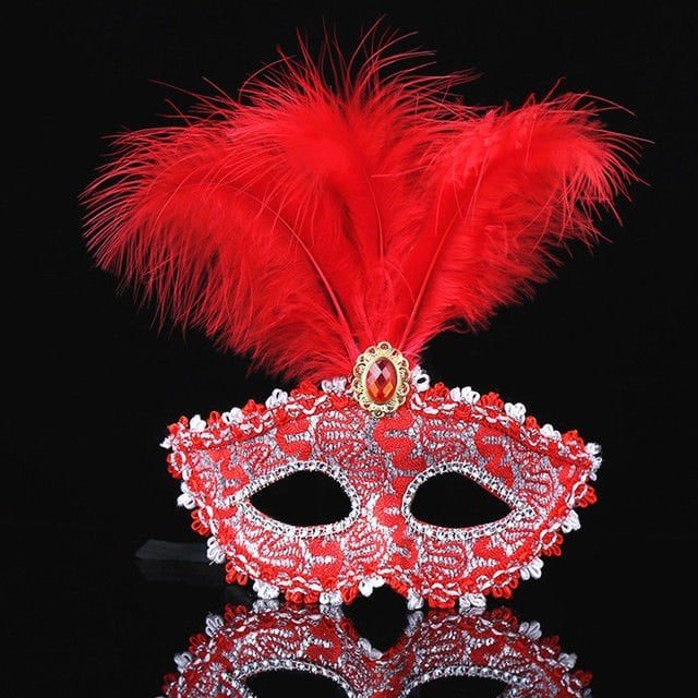 Lisinya193 Kırmızı Dantel İşlemeli Kırmızı Tüylü Balo Parti Maskesi 17x20 cm
