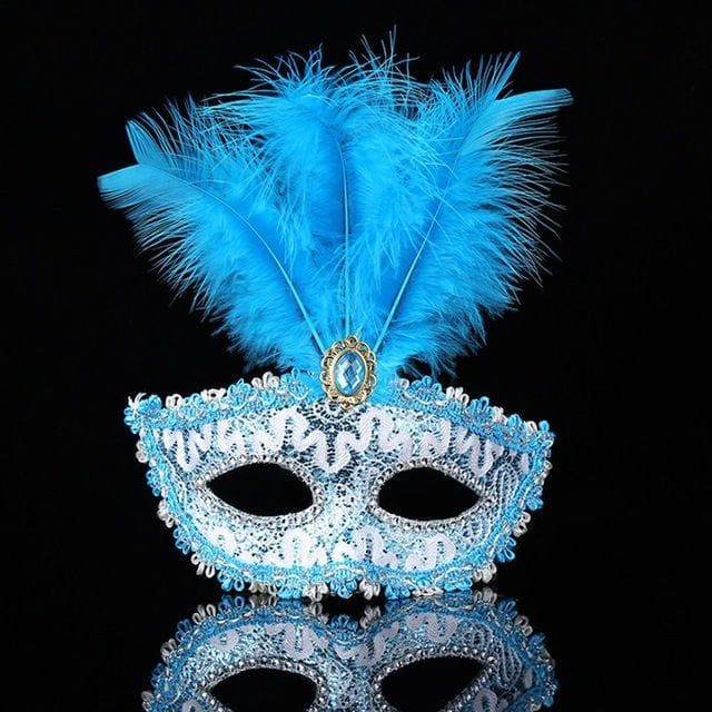Lisinya193 Mavi Dantel İşlemeli Mavi Tüylü Balo Parti Maskesi 17x20 cm