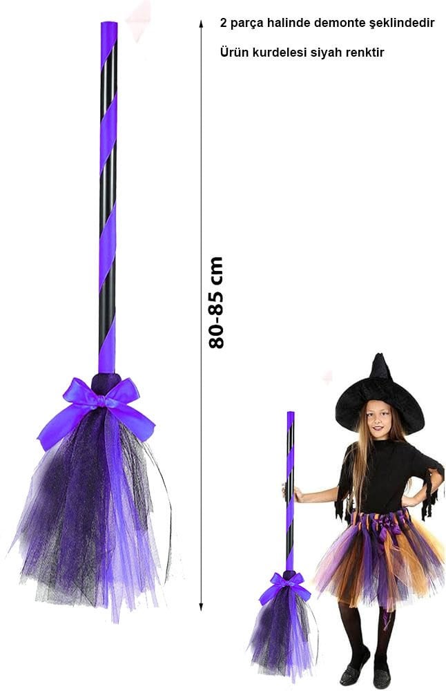 Lisinya193 Mor Cadı Süpürgesi - Halloween Siyah Fiyonklu Tüllü Cadı Süpürgesi 80-85 cm